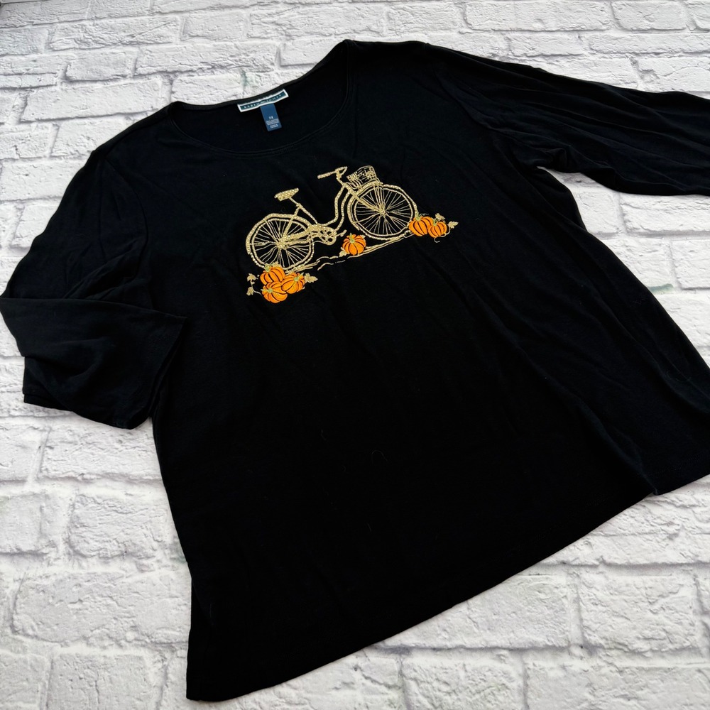 Karen Scott Woman 2X Black Fall Harvest Bicycle Pumpkin Beaded Shirt Top